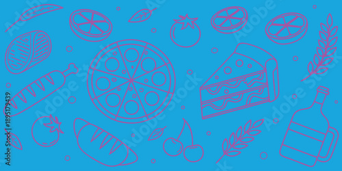 Hand-drawn Italian food illustrations featuring pizza, pasta, wine, and fresh ingredients on a blue background