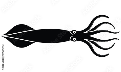 A sleek black silhouette of a squid features large eyes and numerous winding tentacles high quality professional