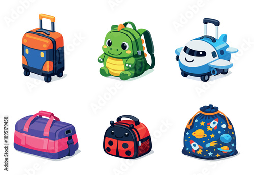 Colorful children's luggage set featuring animals and space theme