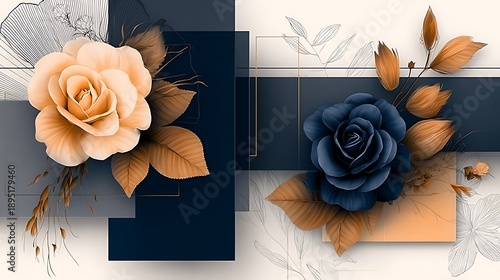 Elegant abstract floral wall art with peach and navy roses modern geometric design for luxury home decor and digital background