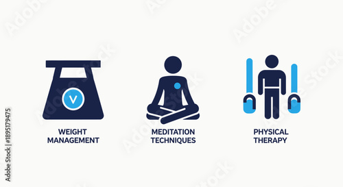 Health and Wellness Icons: Weight Management, Meditation, and Physical Therapy represented with modern flat design.