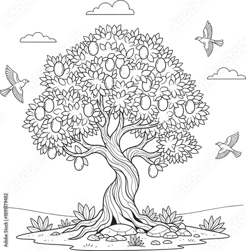 Olive tree laden with ripe olives and leaves, with birds flying around, on a rocky ground.