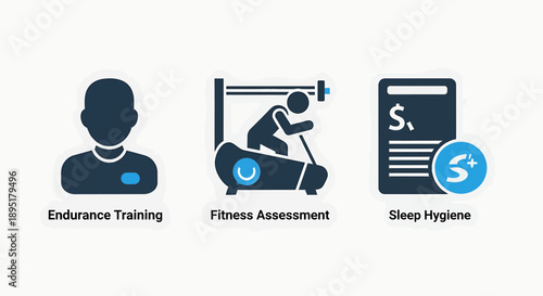 Lifestyle Icons: Endurance Training, Fitness Assessment, and Sleep Hygiene illustrated in modern style.