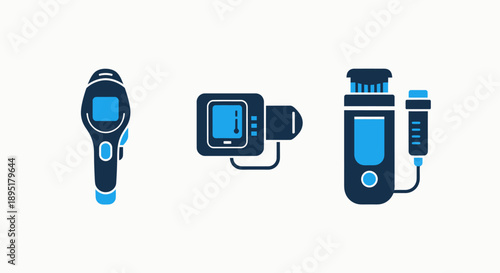 Diagnostic Devices Icons: Infrared thermometer, portable diagnostic scanner, and a handheld sensor.