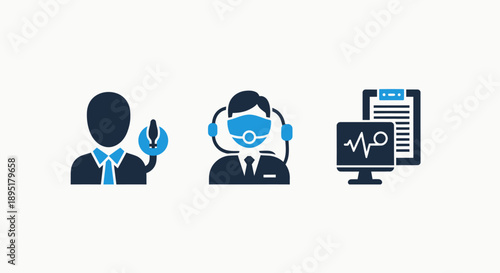 Medical icons with doctors and technology: a person with a fertility symbol, a healthcare professional with a mask and headset, and a monitor displaying a heartbeat.