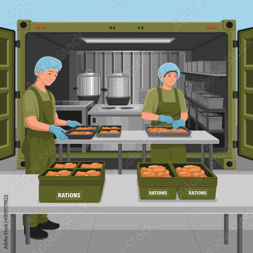 Two military personnel preparing food rations inside a mobile kitchen  