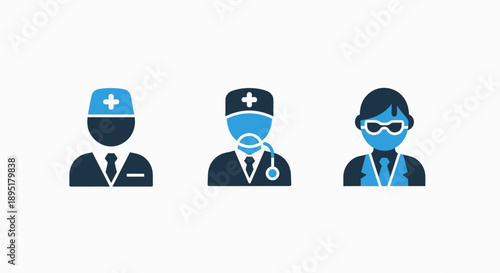 Healthcare professional icons: doctor with cross cap, doctor with stethoscope and mask, and a person with glasses, representing medical staff and healthcare services.