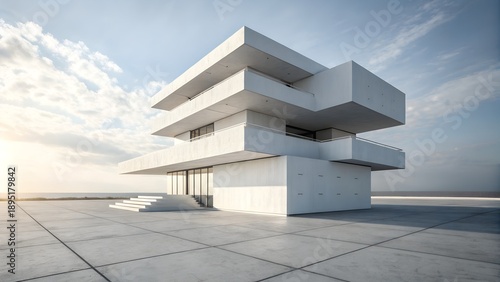 White concrete building with cantilevered balconies and large square tiles