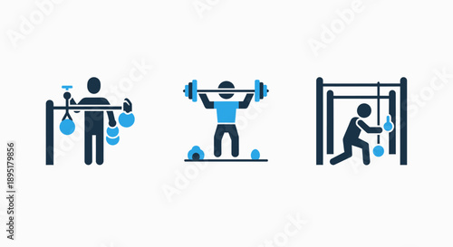 Fitness training icons: person with weights, weightlifting figure, and person on gym equipment, illustrating strength training, exercise, and physical activity.