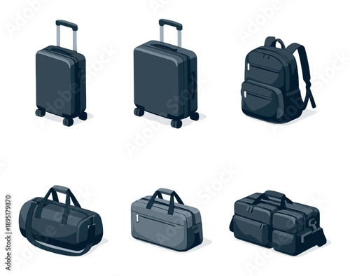 Variety of modern travel bags and suitcases in minimalist design