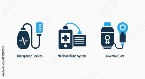 Medical icons: therapeutic devices, billing system, and preventive care symbols, illustrating healthcare services and technology