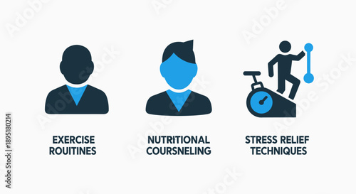 Health and wellness icons: exercise routines, nutritional counseling, and stress relief, promoting a balanced lifestyle
