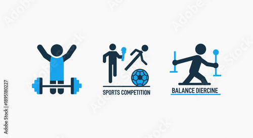Fitness and sports icons: weightlifting, sports competition with ball, and balance training, representing athletic performance and strength