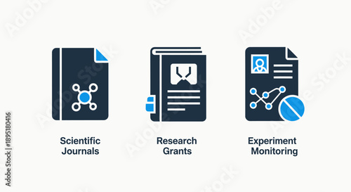 Scientific Research Icons: Journals, Grants, and Experiment Monitoring Tools