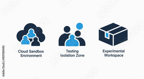 Set of icons representing cloud sandbox environment, testing isolation zone, and experimental workspace, symbolizing IT solutions and development