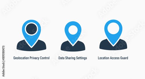 Icons showing geolocation privacy control, data sharing settings, and location access guard, emphasizing digital privacy and security