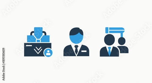 Icons for automated processes, personal profiles, and surveillance, indicating technology, data management, and security systems