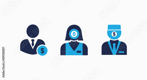 Modern icons for financial roles and services, including businessman, employee, and finance advisor, representing money, investment, and currency in blue and dark blue.