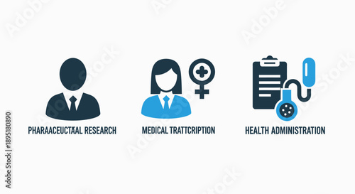 Icons for pharmaceutical research, medical transcription, and health administration, representing healthcare professions, science, and patient care in blue and dark blue.