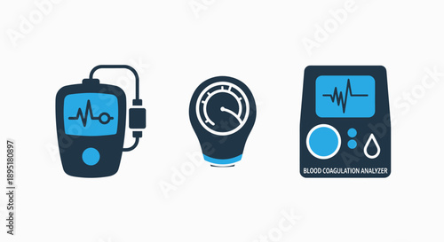 Medical diagnostic icons featuring a portable monitor, gauge, and blood coagulation analyzer, representing health tracking, vital signs, and laboratory testing in blue and dark blue.