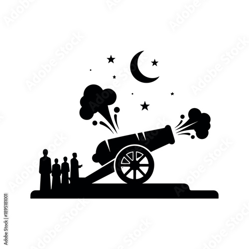 Ramadan cannon firing at dusk with crescent moon and stars, signaling iftar time for Muslims worldwide.