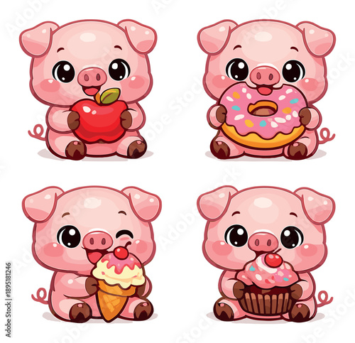 Cute cartoon piglets enjoying desserts with donuts, ice cream, apples, and cupcakes