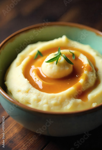 Wallpaper Mural Creamy Mashed Potatoes Topped With A Pool Of Golden Gravy And Fresh Herbs In A Ceramic Bowl Torontodigital.ca