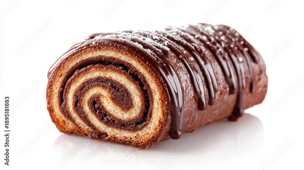 Fototapeta premium Chocolate roll cake, also known as a swiss roll, featuring a rich cocoa spiral filling, drizzling chocolate icing, and powdered sugar, creating a decadent sweet dessert pastry