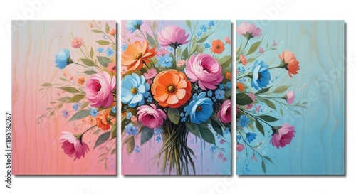 Beautiful triptych floral art with vibrant colors and delicate blooms