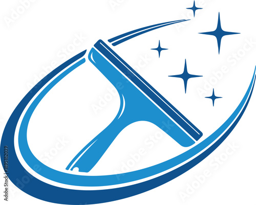 Blue window cleaning squeegee tool with decorative swoosh and shiny sparkles representing professional hygiene and sanitation maintenance work