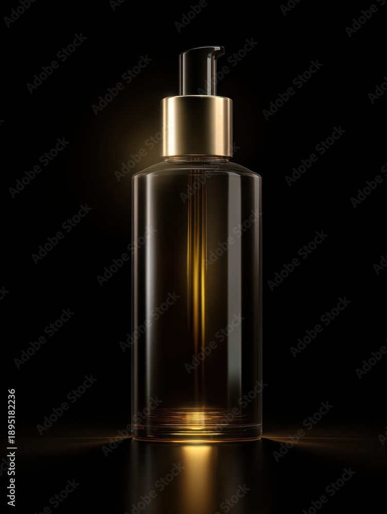 Naklejka premium Dark luxury olive oil skincare cosmetic bottle mockup on black background with dramatic soft light, Premium beauty advertising