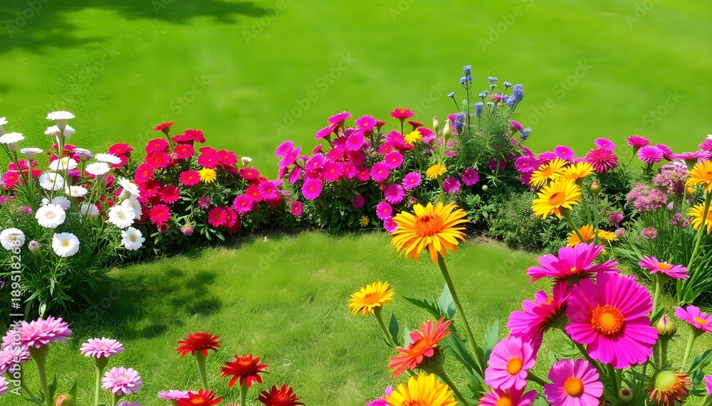 Obraz premium Vibrant flowers bloom in a lush green garden on a sunny day with lawn and plants.