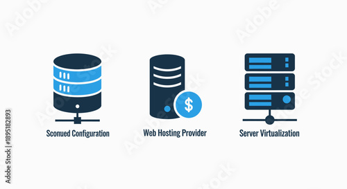 Server and Hosting Infrastructure Icons Representing Data Configuration, Web Hosting Providers, and Virtualization Technology in a Clean Flat Design.
