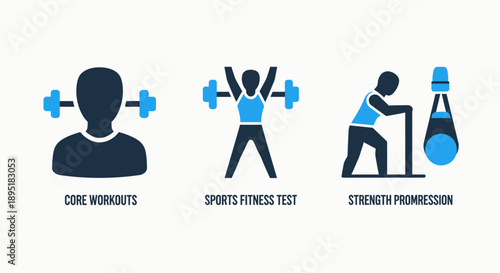 Fitness and Strength Training Icons Showing Core Workouts, Sports Performance Tests, and Muscle Progression in a Flat Design.