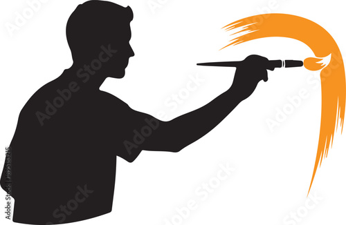 Artist painting with brush silhouette creating a dynamic stroke isolated on white background, illustration