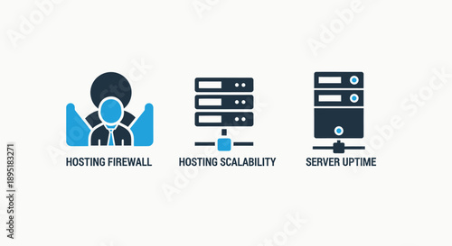 Hosting Firewall, Scalability, and Server Uptime Icons: Essential Blue and Dark Gray Vector Set for Web Services and IT Infrastructure