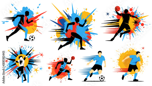Dynamic sports silhouettes with colorful explosive backgrounds