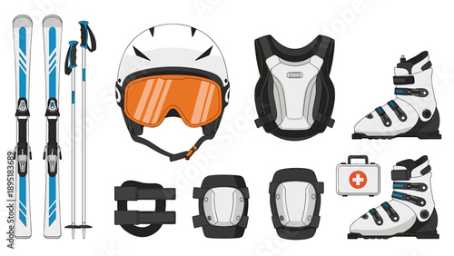 Essential ski gear collection featuring skis, helmet, and protective equipment