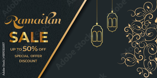 Ramadan Sale Luxury Banner with golden lanterns, arabesque floral ornament and elegant typography. Premium islamic promotion design for discounts, banners, ads and marketing campaigns.