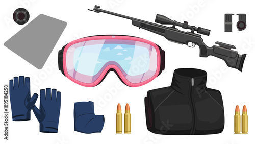 Biathlon equipment with pink goggles and rifles on white background