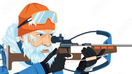 Biathlon athlete shooting in winter gear with precision rifle on snowy day