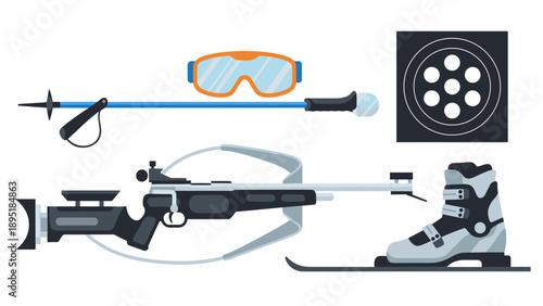 Biathlon equipment icons: rifle, ski, pole, goggles, target in flat design