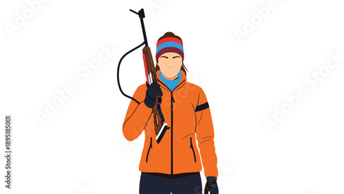 Biathlon athlete female holding rifle in orange winter gear