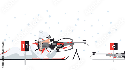 Biathlon athlete aiming in snowy landscape with rifle and target