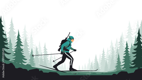 Cross country skier in forest landscape with pine trees and snowy trail