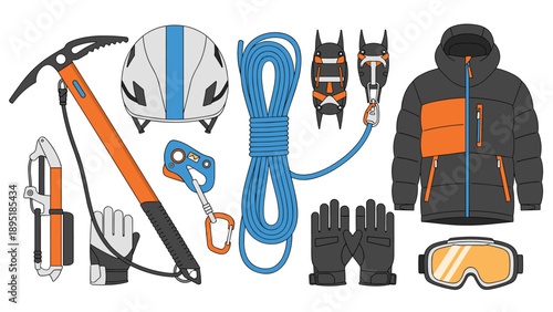 Essential equipment for safe winter mountaineering in flat design style