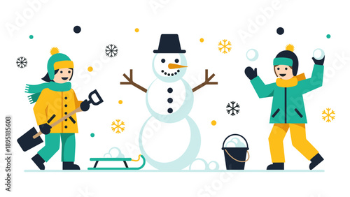 Winter fun with snowman and friends in minimalist style
