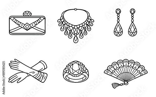 Elegant vintage accessories collection: clutch, necklace, earrings, gloves, ring, fan