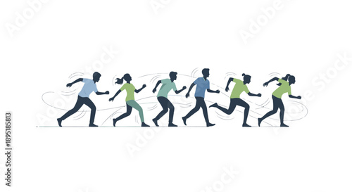 Vector illustration of diverse people running together in a line