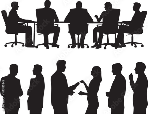 Black and white silhouettes of business professionals in a boardroom meeting and in a group discussion, symbolizing collaboration and corporate dynamics.